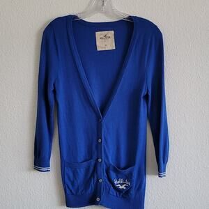 HOLLISTER Cardigan Varsity Sweater Button Down Embroidered Logo Size Medium Blue